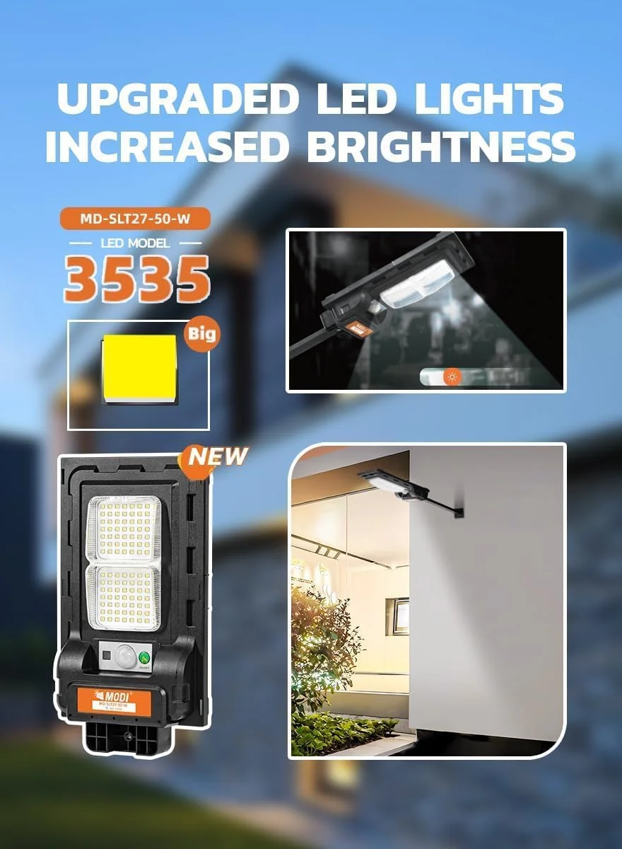 چراغ خورشیدی 50 وات با حسگر حرکتی | چراغ خیابانی ال ای دی سفید 6500K | ضد آب IP65 | باتری 5000mAh | کنترل خودکار روشن/خاموش برای حیاط، خیابان و منطقه تجاری