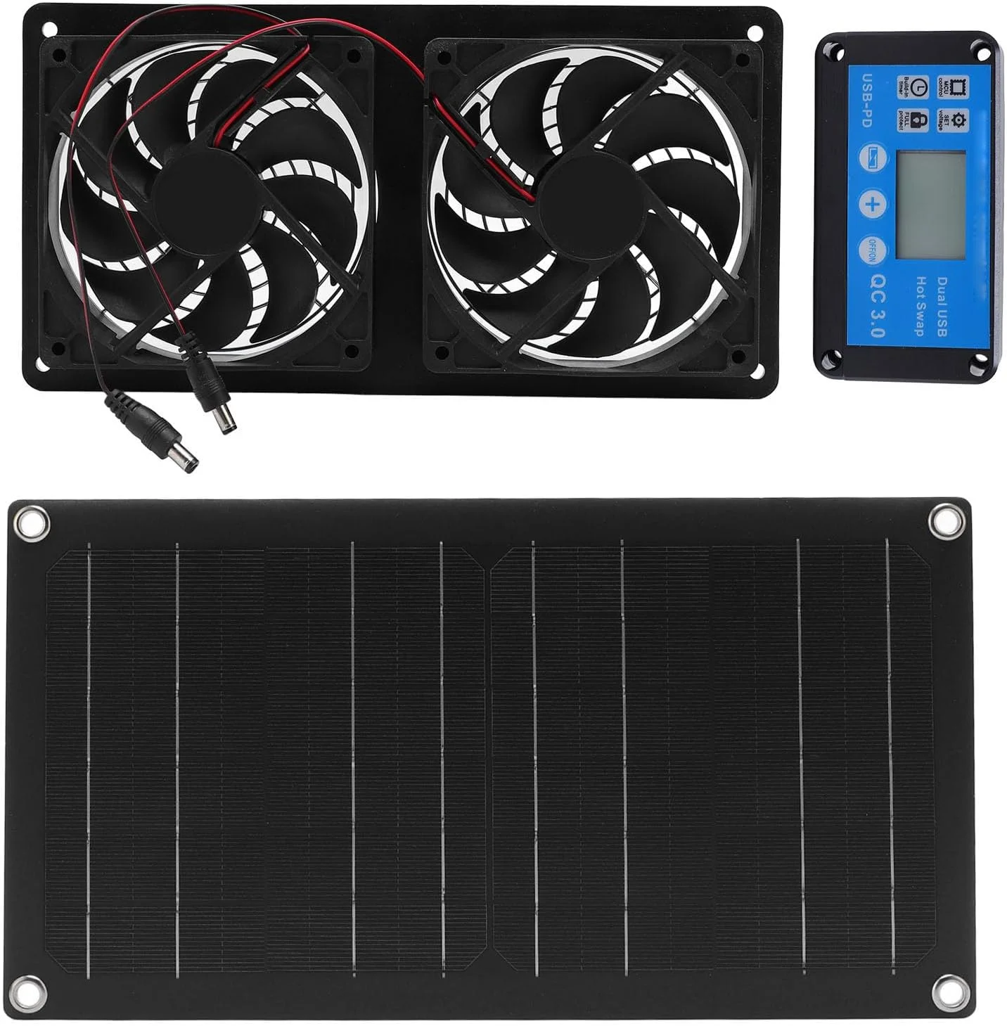 پنل خورشیدی 20 واتی با فن اگزوز 6 اینچی دوتایی، عملکرد بی صدا، کنترلر زمان دار، نصب آسان، چند منظوره، پنل خورشیدی، مونوکریستالین، با زمان بندی