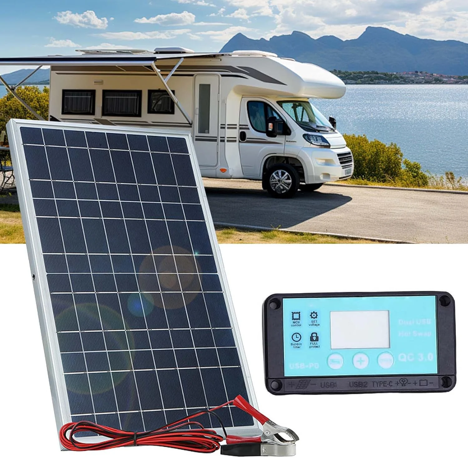 کیت استارتر پنل خورشیدی 100 واتی | سیستم باتری برای خودرو، کاروان، قایق، RV، تریلر، کلبه خارج از شبکه، ATV، نیازهای برق در فضای باز کیت استارتر پنل خورشیدی 100 واتی | سیستم باتری برای خودرو، کاروان، قایق، RV، تریلر، کلبه خارج از شبکه، ATV، نیازهای برق در فضای باز