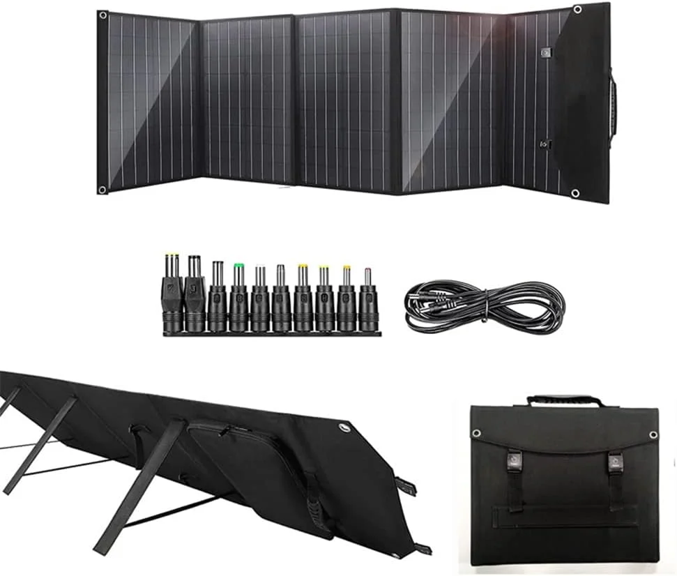کیت پنل خورشیدی قابل حمل 100 واتی، پنل خورشیدی تاشو مونوکریستالی ضد آب با پایه، مناسب برای مسافرت/کمپینگ/RV/پیاده روی