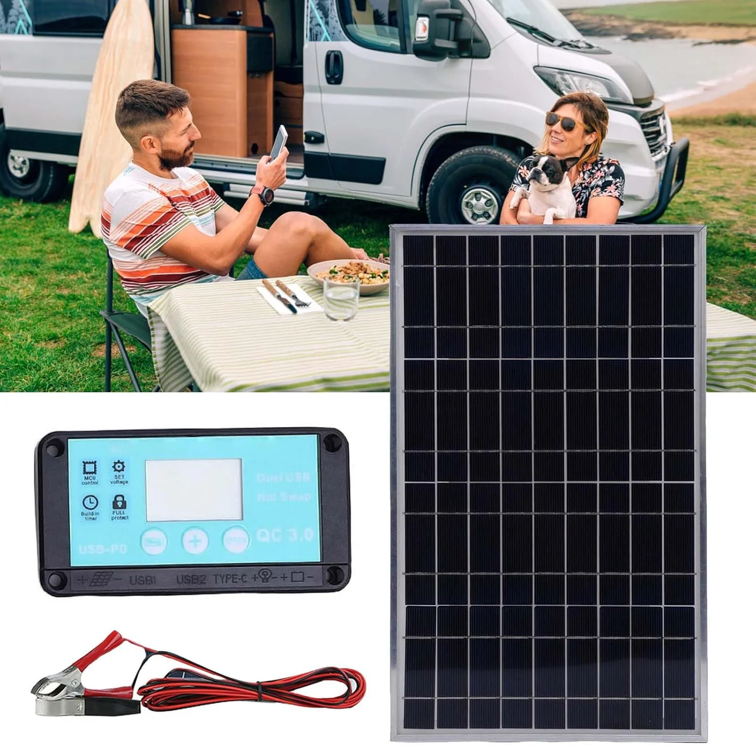 کنترلر پنل خورشیدی | پنل خورشیدی 100 وات مونوکریستال | سیستم اینورتر برای خودرو، RV، قایق، کابین دریایی، خارج از شبکه، ATV، کاروان، نیازهای برق در فضای باز