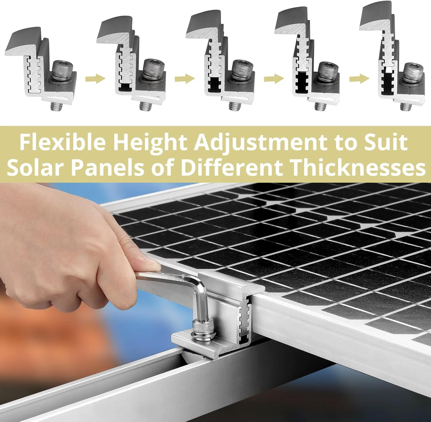 بسته 10 عددی بست انتهایی پنل خورشیدی 30-45 میلیمتری قابل تنظیم، شامل 10 پیچ M8، بست لبه ورق فلزی ذوزنقهای، لوازم جانبی نصب فتوولتائیک بسته 10 عددی بست انتهایی پنل خورشیدی 30-45 میلیمتری قابل تنظیم، شامل 10 پیچ M8، بست لبه ورق فلزی ذوزنقهای، لوازم جانبی نصب فتوولتائیک