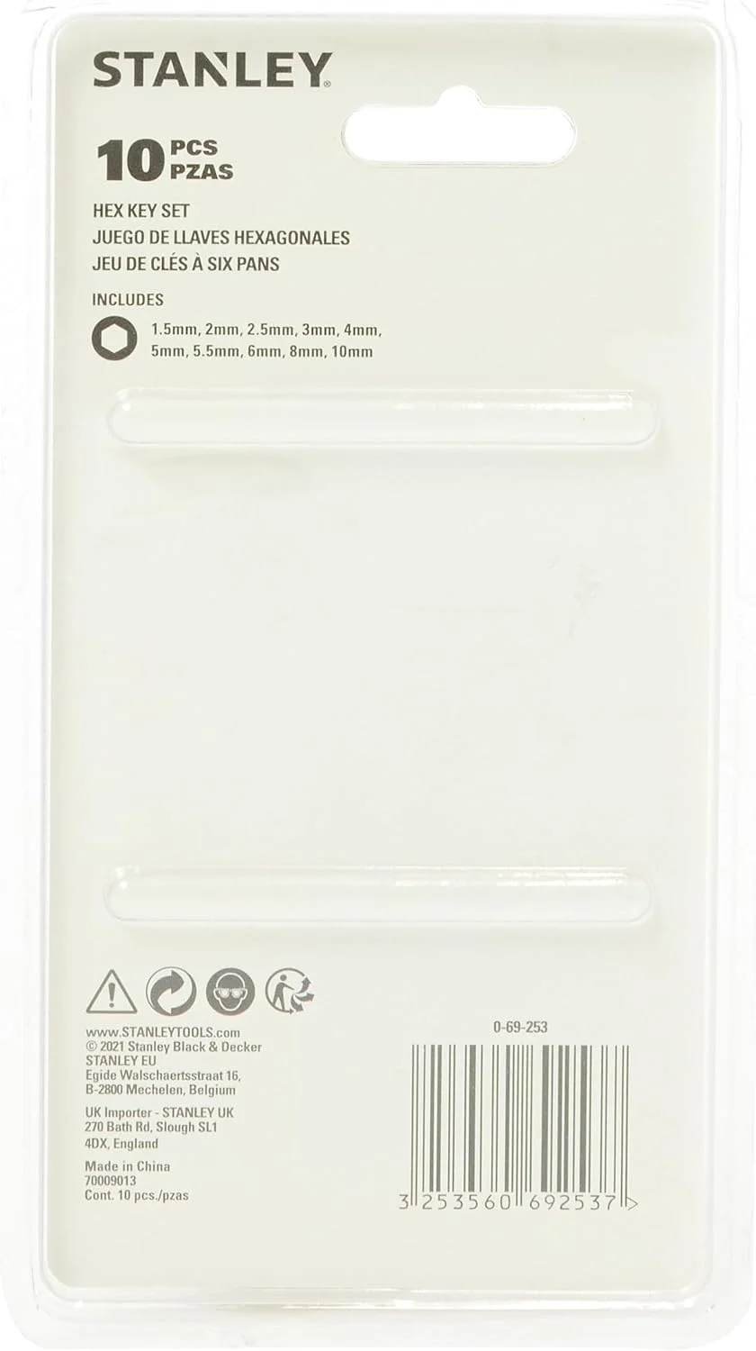 مجموعه آچار آلن استنلی ۱۰ عددی ۱.۵-۱۰ میلی متر مدل 0 69 253