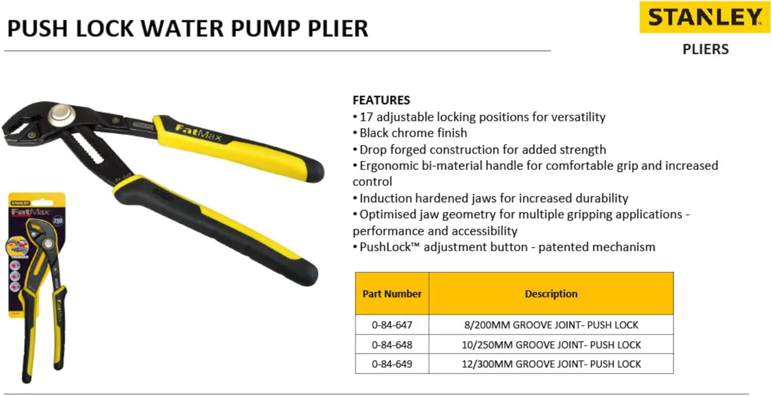 انبر کلاغی 8 اینچی استنلی مدل FATMAX 0-84-647 با دکمه قفل فشاری، 200 میلی متر انبر کلاغی 8 اینچی استنلی مدل FATMAX 0-84-647 با دکمه قفل فشاری، 200 میلی متر