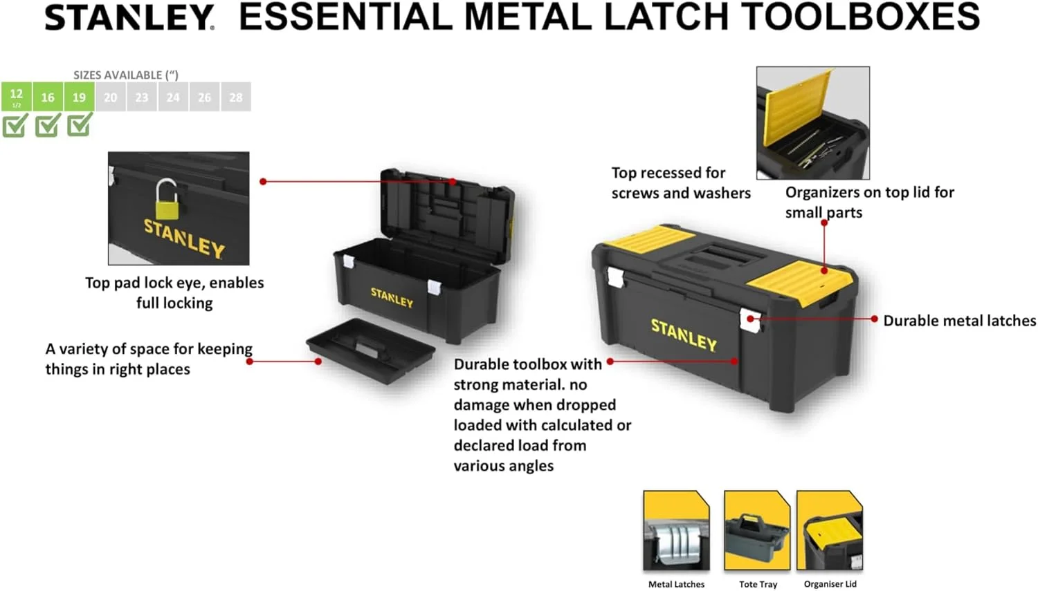جعبه ابزار استنلی مدل STST1-75515 "ضروری" با قفل فلزی، مشکی/زرد