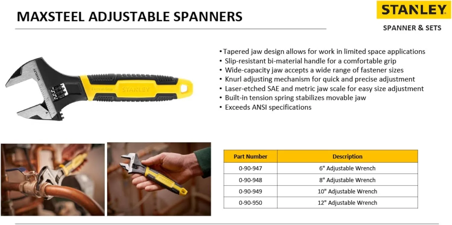 آچار فرانسه قابل تنظیم 6 اینچی استنلی MaxSteel مدل 090947، رنگ مشکی