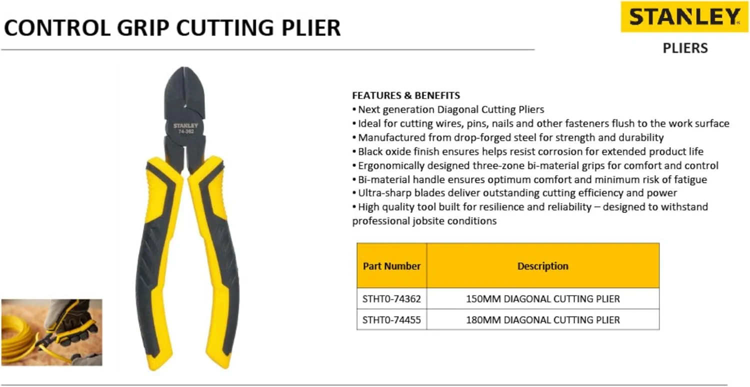 انبر سیم‌چین قطری 150 میلی‌متری استنلی مدل STHT0-74362 با دسته‌های زرد/مشکی