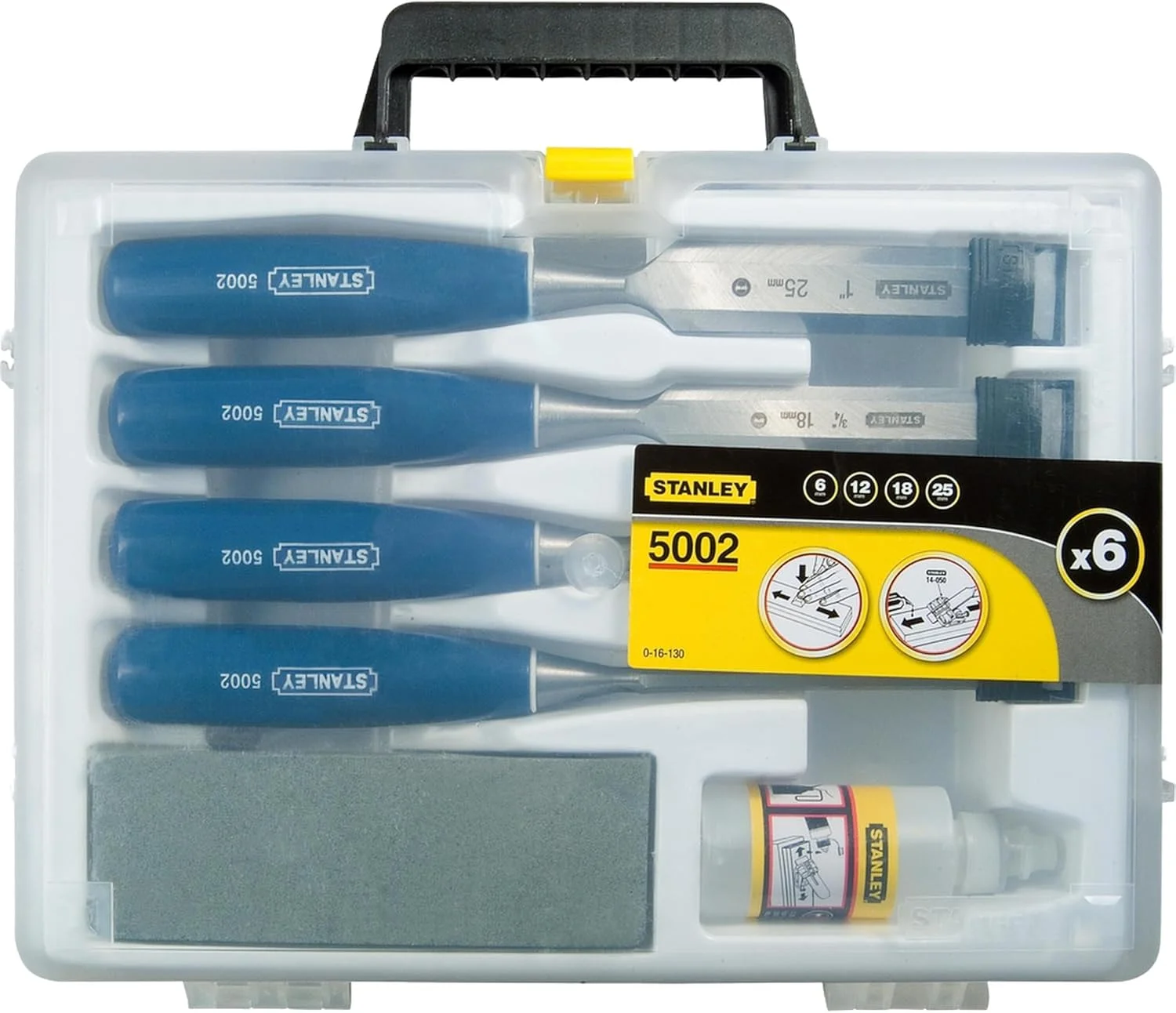 مجموعه 4 عددی اسکنه استنلی شامل اسکنه های تیغه فولادی کربنی با ابعاد 6، 12، 18 و 25 میلی متر به همراه سنگ و روغن تیز کننده مدل 0-16-130