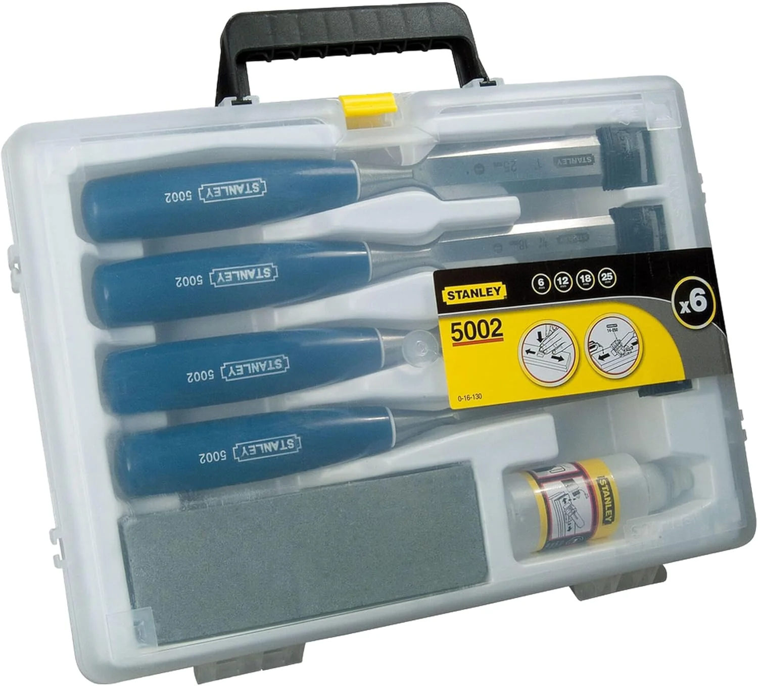 مجموعه 4 عددی اسکنه استنلی شامل اسکنه های تیغه فولادی کربنی با ابعاد 6، 12، 18 و 25 میلی متر به همراه سنگ و روغن تیز کننده مدل 0-16-130