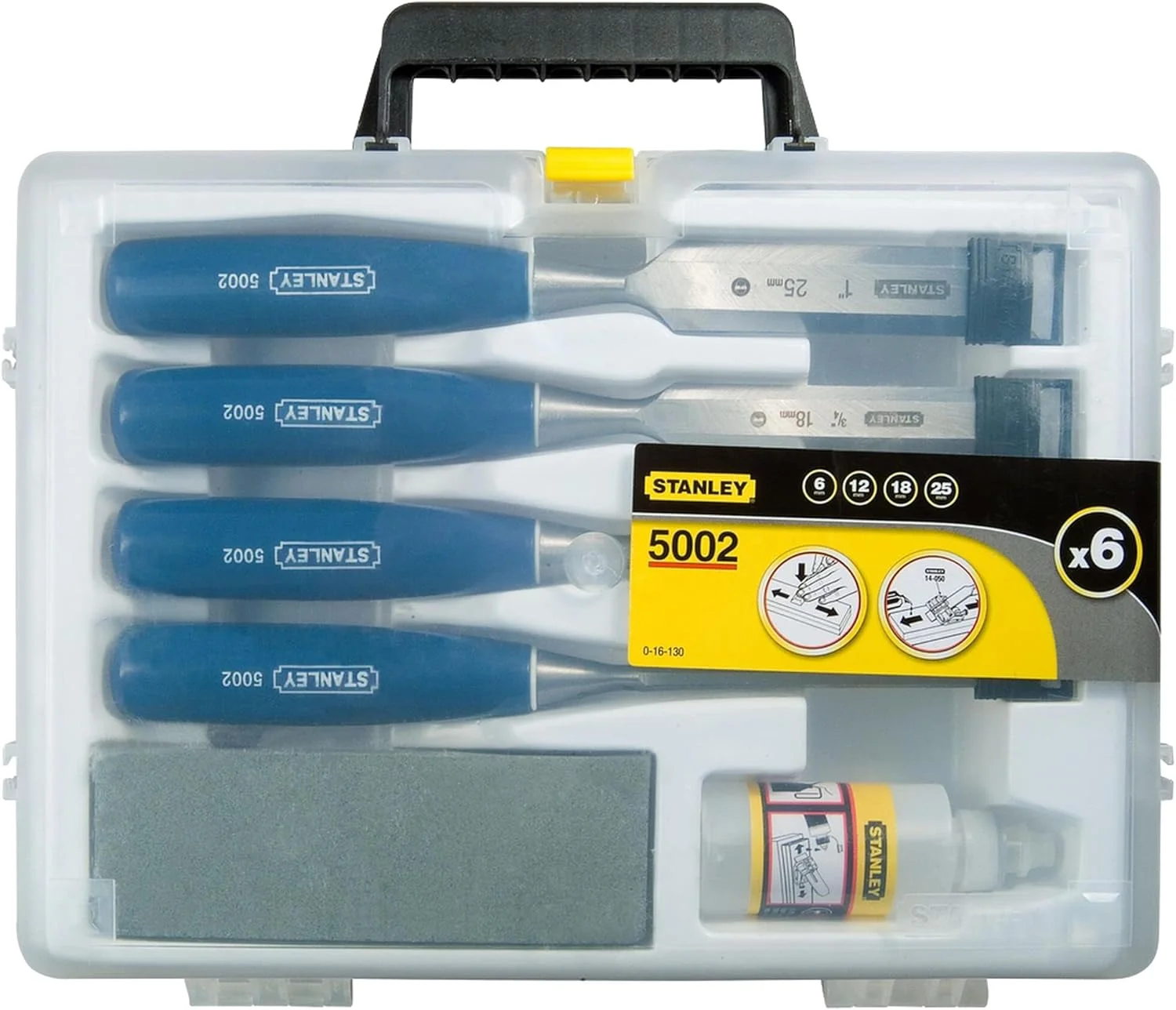 مجموعه 4 عددی اسکنه استنلی شامل اسکنه های تیغه فولادی کربنی با ابعاد 6، 12، 18 و 25 میلی متر به همراه سنگ و روغن تیز کننده مدل 0-16-130