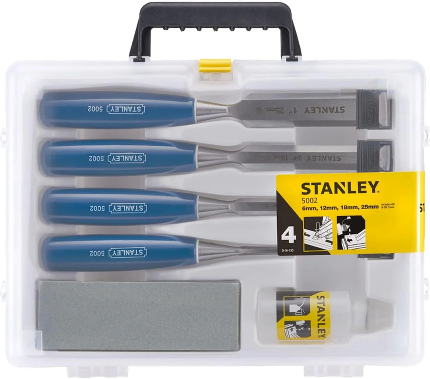 مجموعه 4 عددی اسکنه استنلی شامل اسکنه های تیغه فولادی کربنی با ابعاد 6، 12، 18 و 25 میلی متر به همراه سنگ و روغن تیز کننده مدل 0-16-130