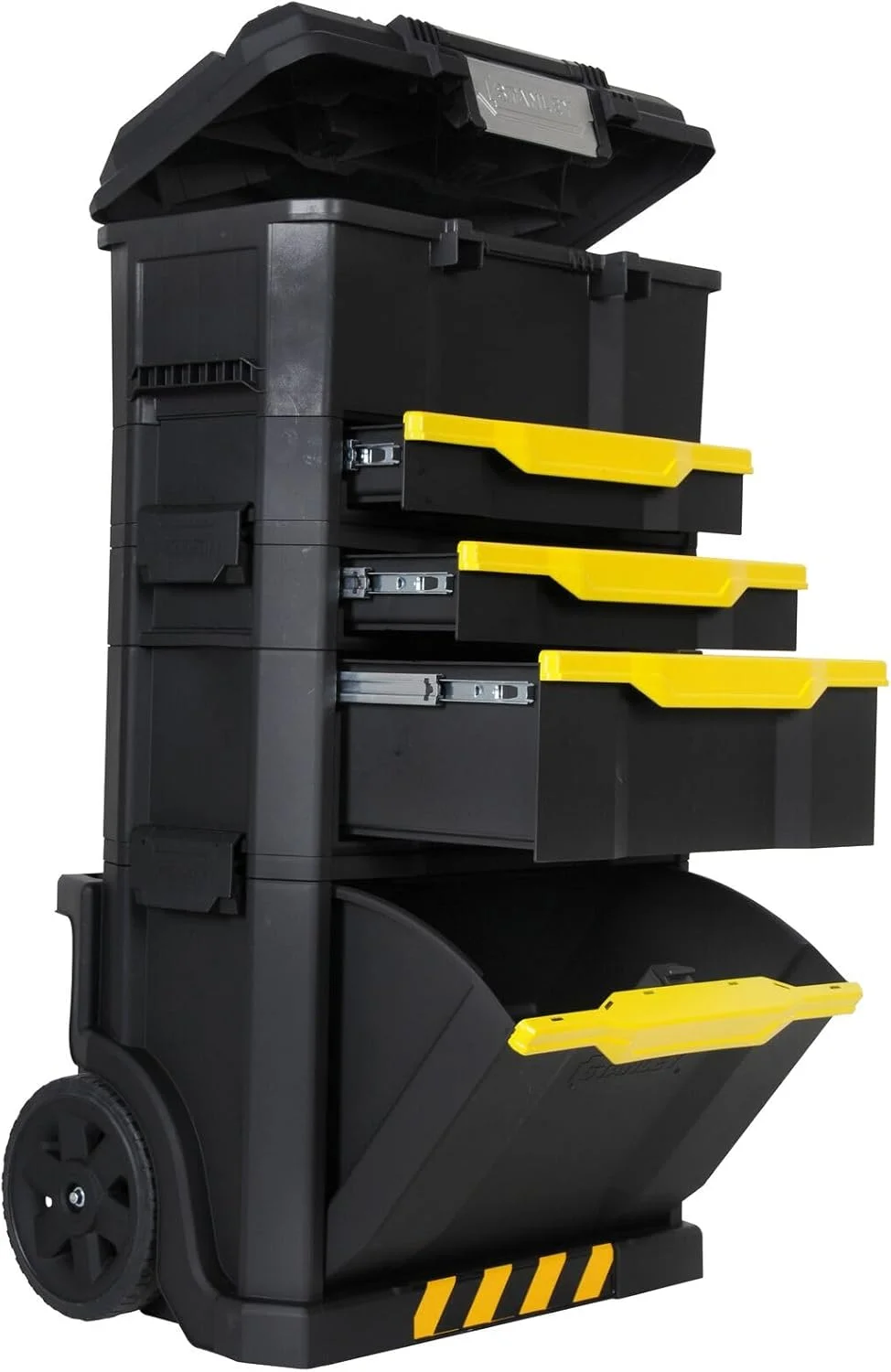 جعبه ابزار چرخ دار کارگاهی استنلی، جعبه ابزار جداشدنی با کشو، سطل تاشو، جیب پشتی، چرخ های سنگین 7 اینچی، 1-79-206