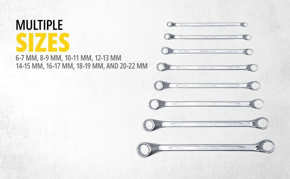 مجموعه آچار رینگی 8 عددی استنلی مدل 70-394E، روکش مات، فولاد کروم وانادیوم، دهانه کم عمق، سیستم Maxi-Drive، ضد لغزش و ضد خوردگی، خاکستری