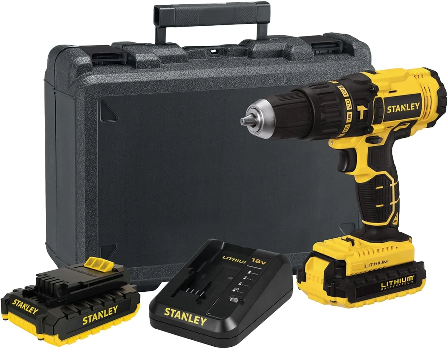 دریل چکشی شارژی استنلی، 18 ولت، 45 نیوتن متر، 2 سرعته، دور متغیر، 2 عدد باتری 1.5 آمپر لیتیوم-یون، به همراه جعبه ابزار، زرد/مشکی - SCH20S2K-B5