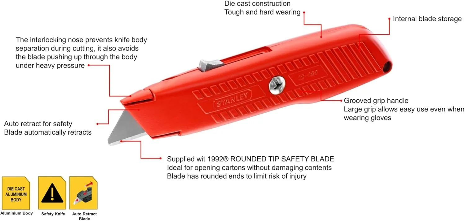 چاقوی همه کاره استنلی مدل 10189 با قابلیت جمع شدن خودکار (نارنجی و قرمز) چاقوی همه کاره استنلی مدل 10189 با قابلیت جمع شدن خودکار (نارنجی و قرمز)
