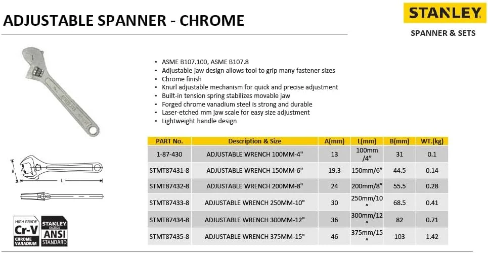 آچار فرانسه قابل تنظیم استنلی از جنس فولاد کروم وانادیوم، سایز 250 میلی متر