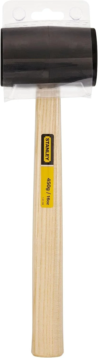 چکش لاستیکی صنعتی استنلی با وزن 450 گرم و دسته چوبی زبان گنجشک 34 سانتی‌متری و سر لاستیکی مشکی 10 سانتی‌متری مدل 51-104