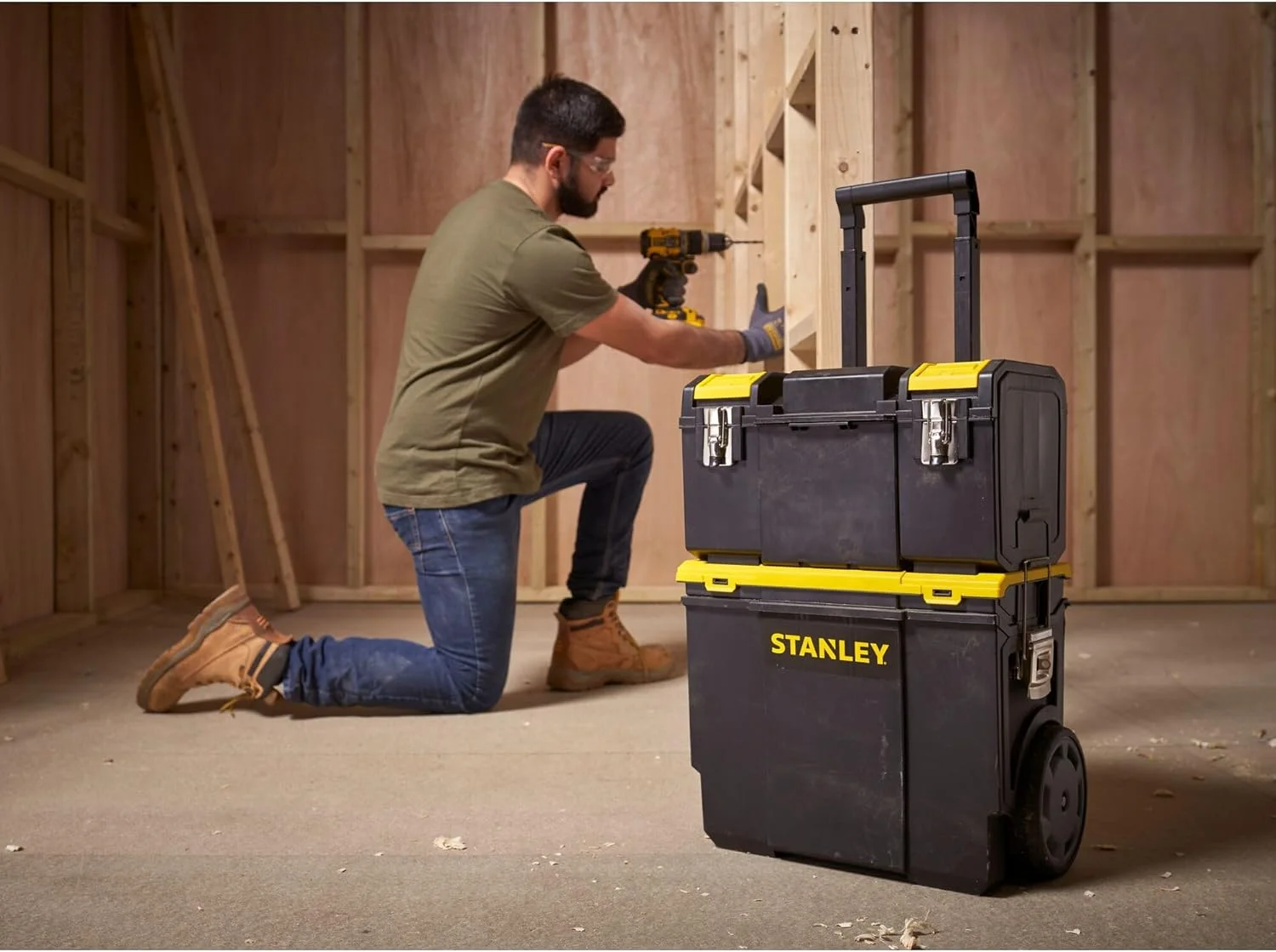 جعبه ابزار چرخ دار 3 در 1 استنلی با دسته کشویی، جعبه ابزار جداشدنی با سینی حمل قابل حمل، 1-70-326