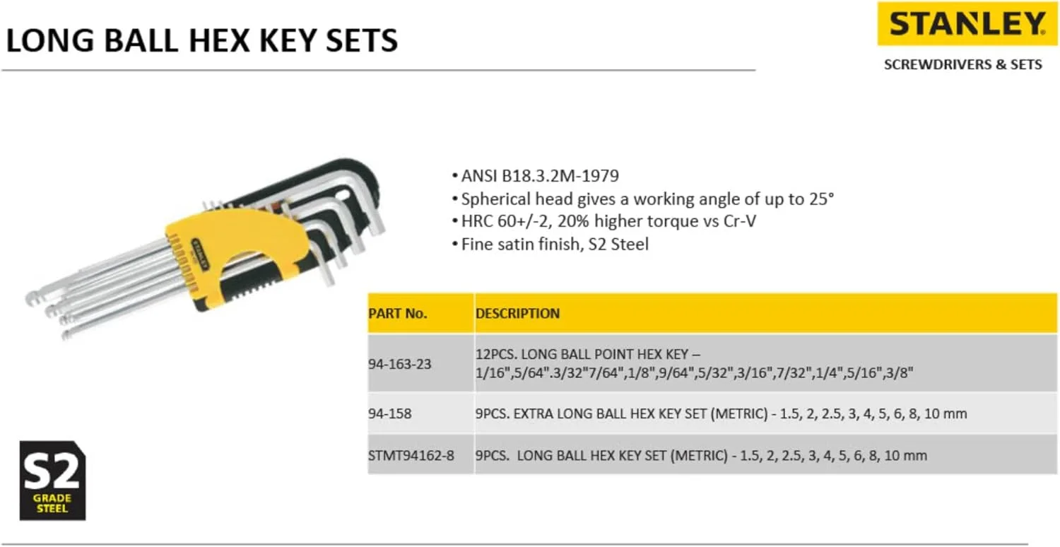 مجموعه ۱۲ عددی آچار آلن سر گرد استنلی (اینچی)