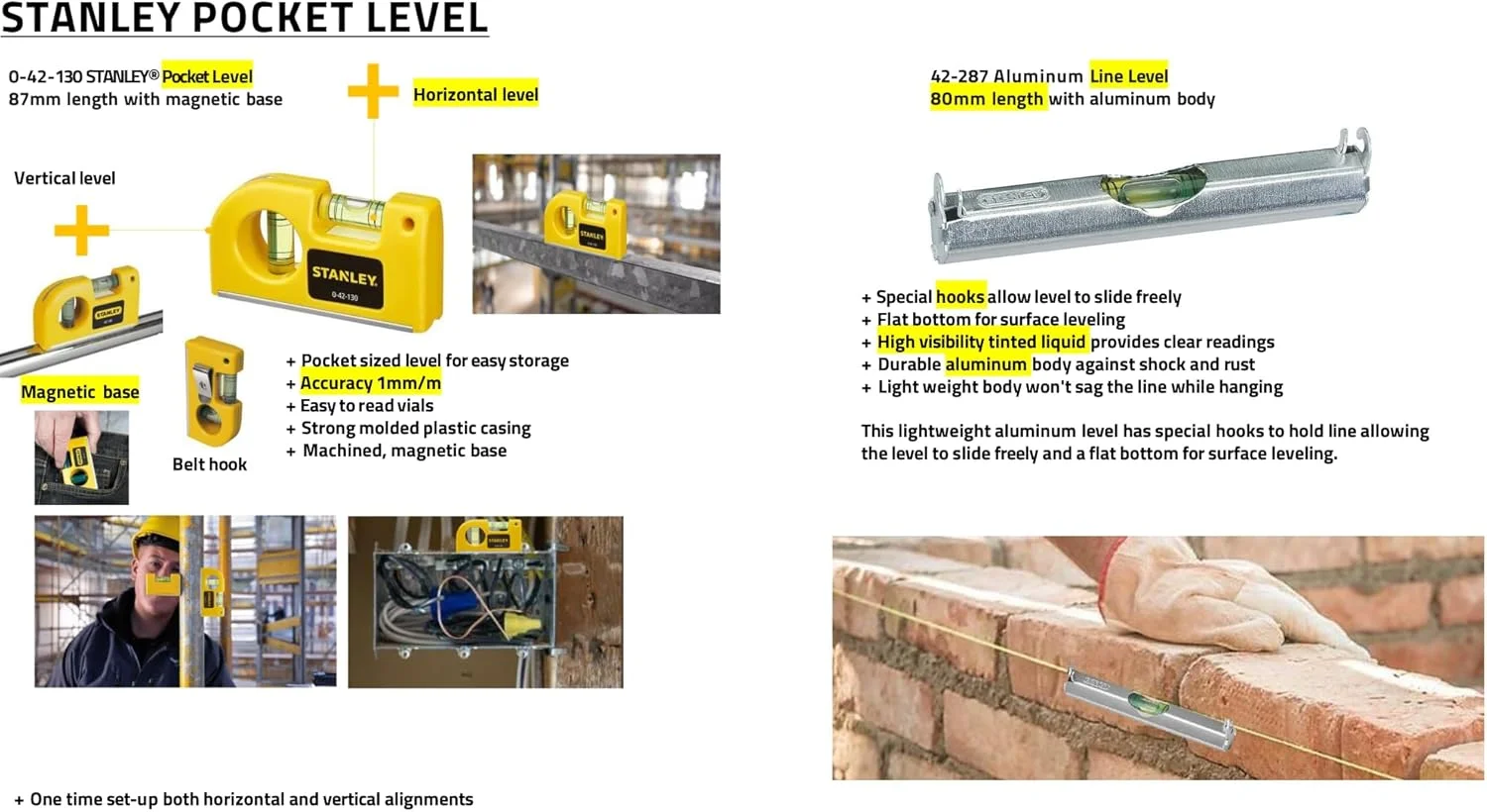 تراز خطی استنلی 0-42-287 (طراحی آلومینیومی سبک، 2 قلاب برای استفاده خطی، کف صاف) نقره ای