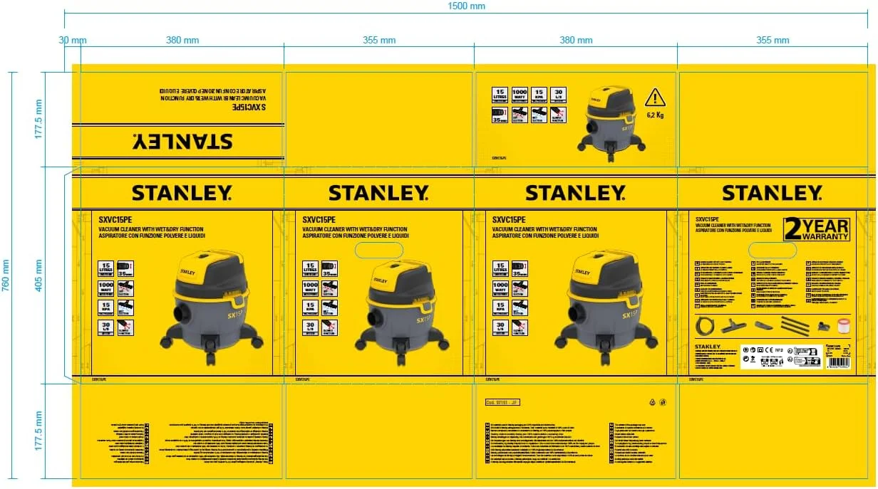 جاروبرقی آب و خاک استنلی SXVC15PE، مشکی، 1000 وات، 15 لیتر، 76 دسی بل