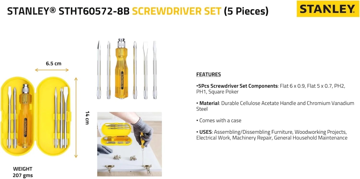 مجموعه پیچ گوشتی 5 عددی استنلی مدل STHT60572-8B - زرد و نقره ای