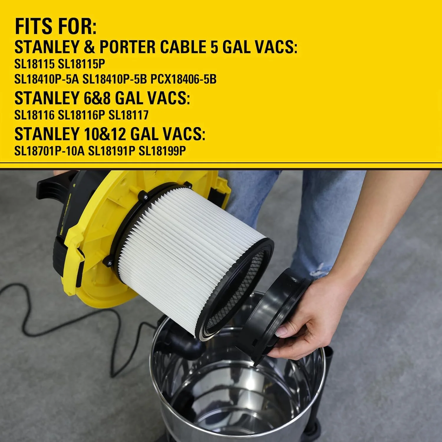 فیلترهای جاروبرقی کارگاهی با راندمان بالا استنلی 08-2501، فیلتر کارتریجی جایگزین مناسب برای اکثر جاروبرقی های تر و خشک 5 تا 18 گالن، لوازم جانبی جاروبرقی کارگاهی تر و خشک، قطعات جایگزین 08-2501