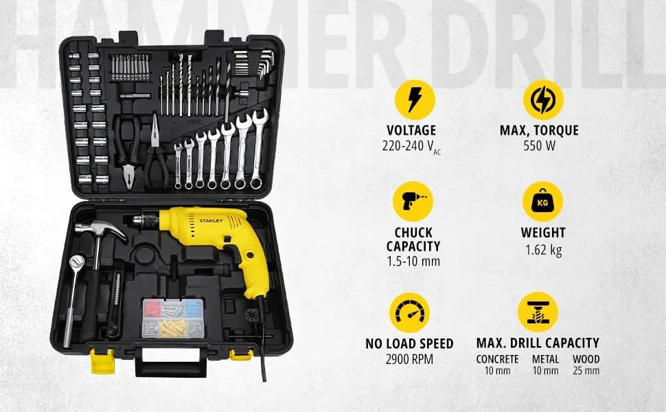 دریل برقی 550 وات 10 میلی متری استنلی مدل SDH550KM-IN به همراه جعبه ابزار مکانیکی 120 پارچه مناسب برای مصارف خانگی و حرفه ای