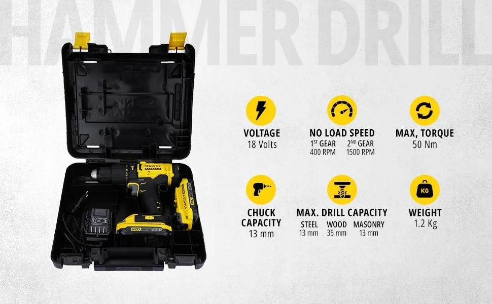 دریل چکشی شارژی براشلس 13 میلی‌متری 20 ولت 2.0 آمپر استنلی فت مکس مدل SCD711D2K به همراه 2 عدد باتری 2.0 آمپر لیتیوم-یون، 1 عدد شارژر، گیربکس 2 سرعته و چراغ کار LED، زرد و مشکی