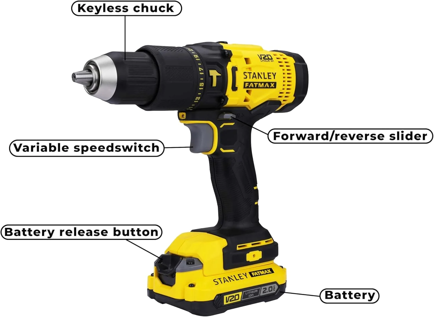 دریل چکشی شارژی براشلس 13 میلی‌متری 20 ولت 2.0 آمپر استنلی فت مکس مدل SCD711D2K به همراه 2 عدد باتری 2.0 آمپر لیتیوم-یون، 1 عدد شارژر، گیربکس 2 سرعته و چراغ کار LED، زرد و مشکی