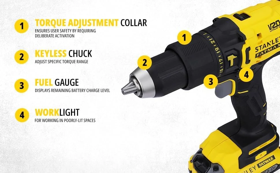 دریل چکشی شارژی براشلس 13 میلی‌متری 20 ولت 2.0 آمپر استنلی فت مکس مدل SCD711D2K به همراه 2 عدد باتری 2.0 آمپر لیتیوم-یون، 1 عدد شارژر، گیربکس 2 سرعته و چراغ کار LED، زرد و مشکی