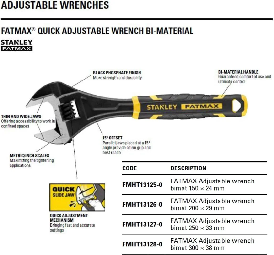 آچار فرانسه قابل تنظیم سریع استنلی مدل FMHT13126-0 FATMAX، سایز 8 اینچ