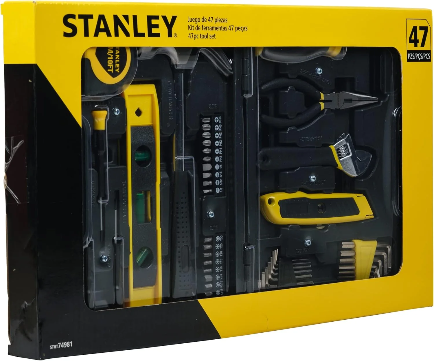 جعبه ابزار کوچک استنلی مدل STHT74981 مناسب منزل و کارهای DIY (شامل 47 قطعه) - شامل پیچ گوشتی، چکش، آچار، انبردست، متر، چاقو، سری های مغناطیسی، جعبه ابزار