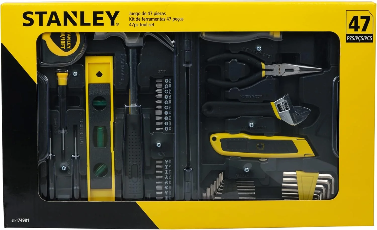 جعبه ابزار کوچک استنلی مدل STHT74981 مناسب منزل و کارهای DIY (شامل 47 قطعه) - شامل پیچ گوشتی، چکش، آچار، انبردست، متر، چاقو، سری های مغناطیسی، جعبه ابزار