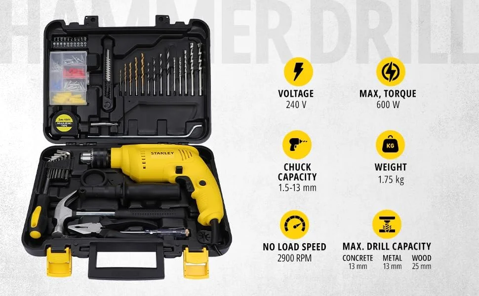 دریل چکشی سیمی 600 وات 13 میلی متری استنلی مدل SDH600KP به همراه جعبه ابزار دستی برای مصارف خانگی، DIY و حرفه ای (120 تکه) - شامل دریل چکشی، چکش و متر، زرد و مشکی