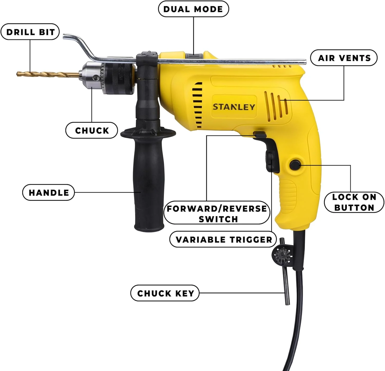 دریل چکشی سیمی 600 وات 13 میلی متری استنلی مدل SDH600KP به همراه جعبه ابزار دستی برای مصارف خانگی، DIY و حرفه ای (120 تکه) - شامل دریل چکشی، چکش و متر، زرد و مشکی
