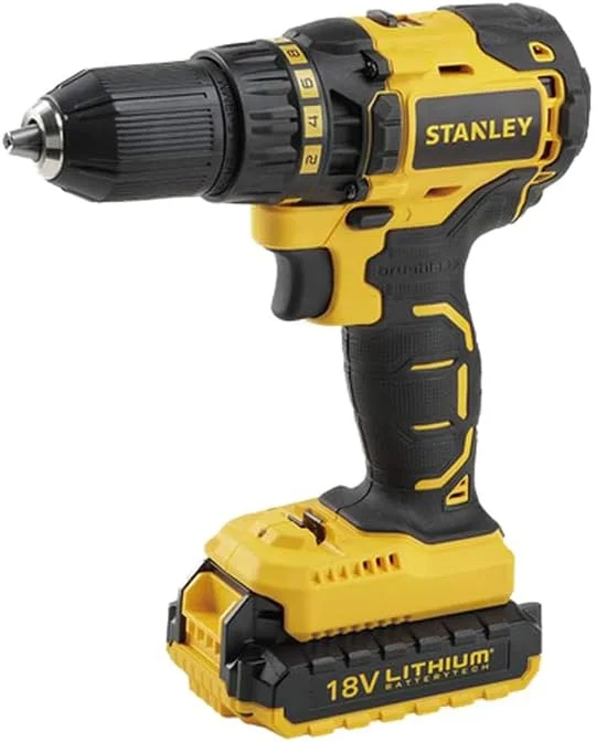 دریل پیچ گوشتی شارژی براشلس استنلی، 18 ولت، 55 نیوتن متر، 2 سرعته، دو جهته، 2 عدد باتری 2.0 آمپر ساعت به همراه جعبه ابزار، زرد/مشکی - SBD20D2K-B5