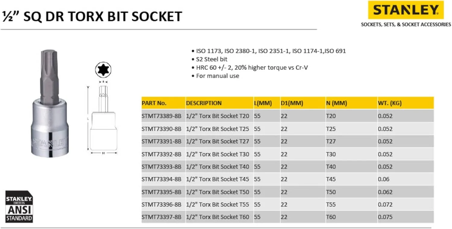 بیت سوکت تورکس T20 استنلی STMT73389-8B با درایو 1/2 اینچ