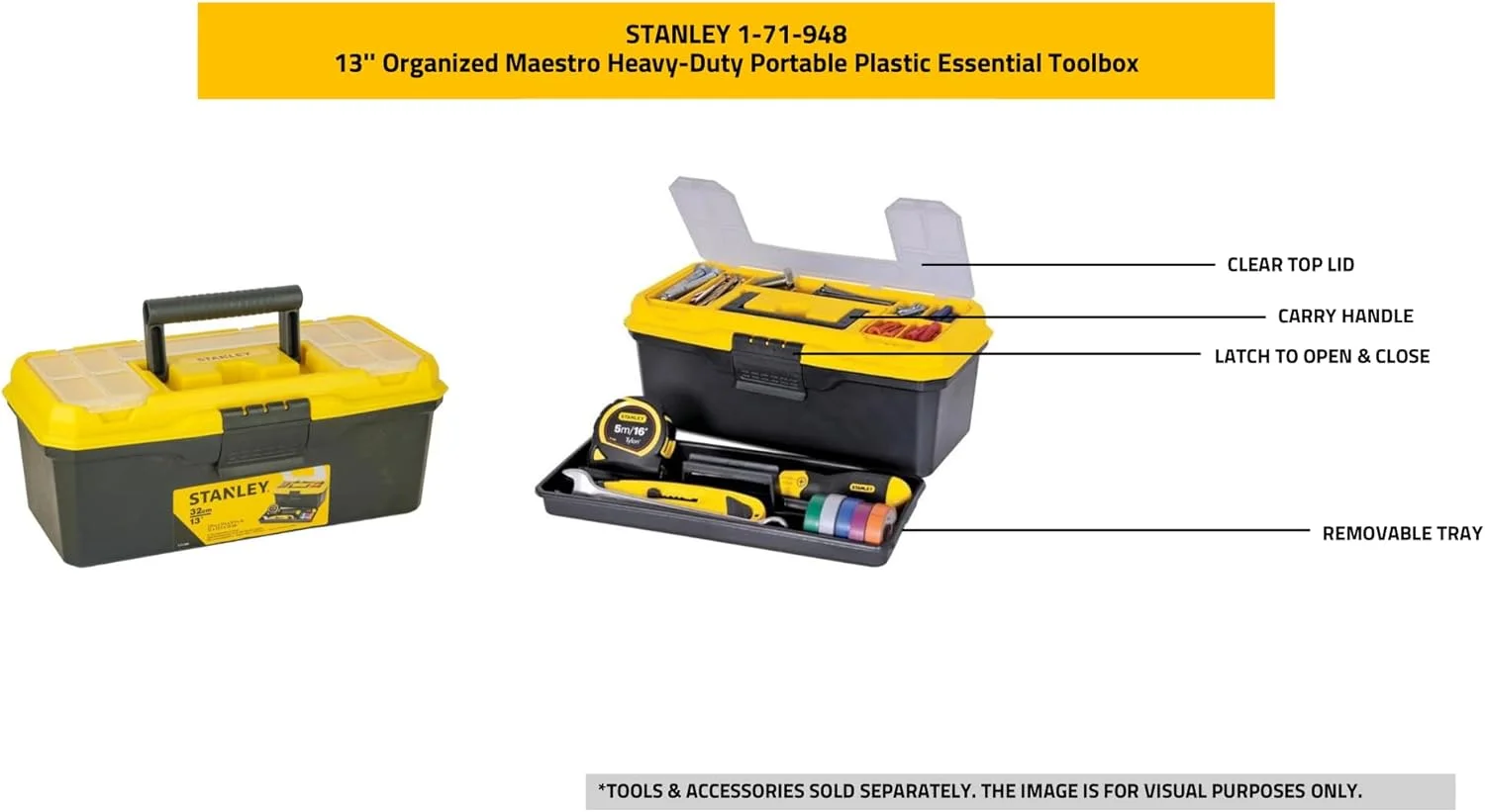جعبه ابزار پلاستیکی قابل حمل و بادوام استنلی مدل 1-71-948 ارگنایزد مسترو با درب شفاف و محفظه سینی جداشدنی برای نگهداری آسان و راحت، زرد، 32x13.5x15 سانتی متر