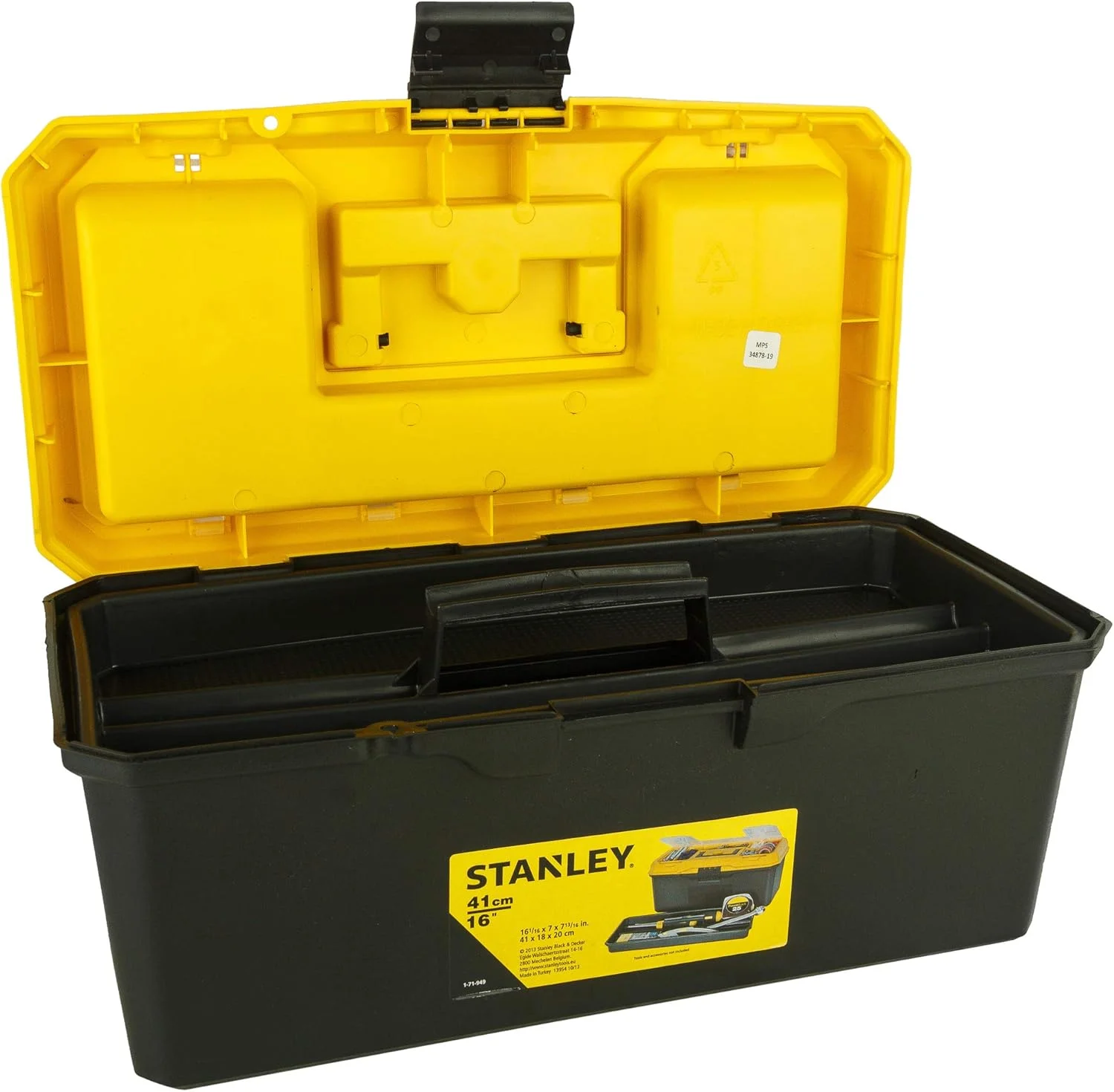 جعبه ابزار پلاستیکی قابل حمل و سنگین استنلی مدل 1-71-949 با ابعاد 16 اینچ، دارای درب شفاف و سینی جداشدنی برای نگهداری آسان و راحت، زرد و مشکی