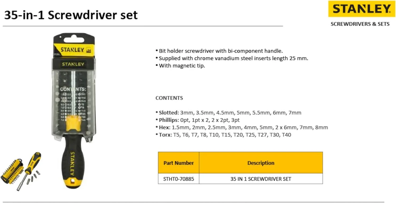 مجموعه پیچ گوشتی 35 عددی استنلی مدل 70-885 (زرد و مشکی)