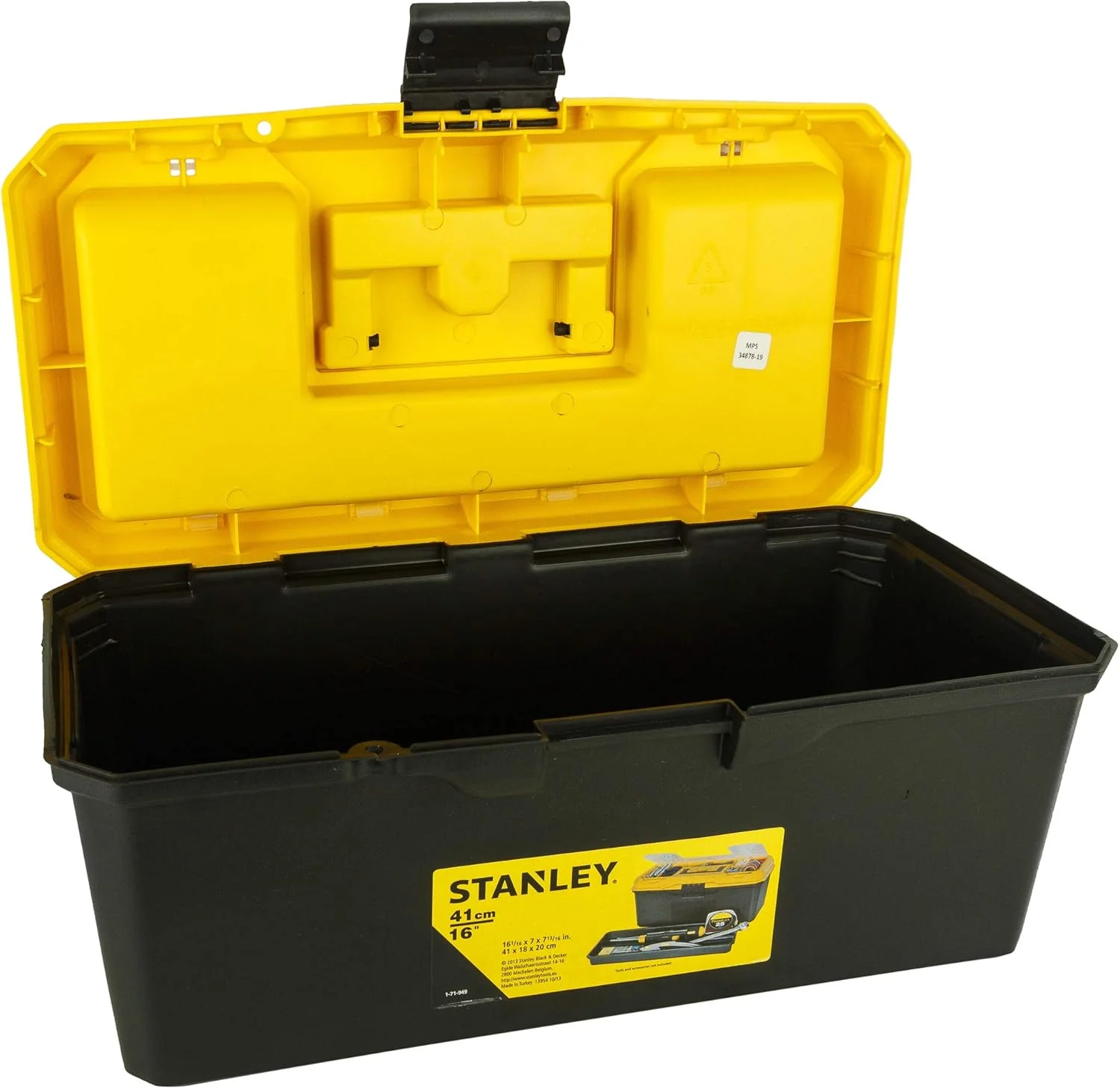 جعبه ابزار پلاستیکی قابل حمل و سنگین استنلی مدل 1-71-949 با ابعاد 16 اینچ، دارای درب شفاف و سینی جداشدنی برای نگهداری آسان و راحت، زرد و مشکی