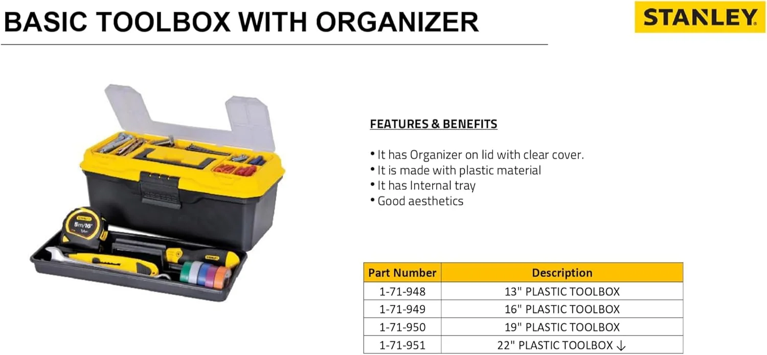 جعبه ابزار پلاستیکی قابل حمل و سنگین استنلی مدل 1-71-949 با ابعاد 16 اینچ، دارای درب شفاف و سینی جداشدنی برای نگهداری آسان و راحت، زرد و مشکی