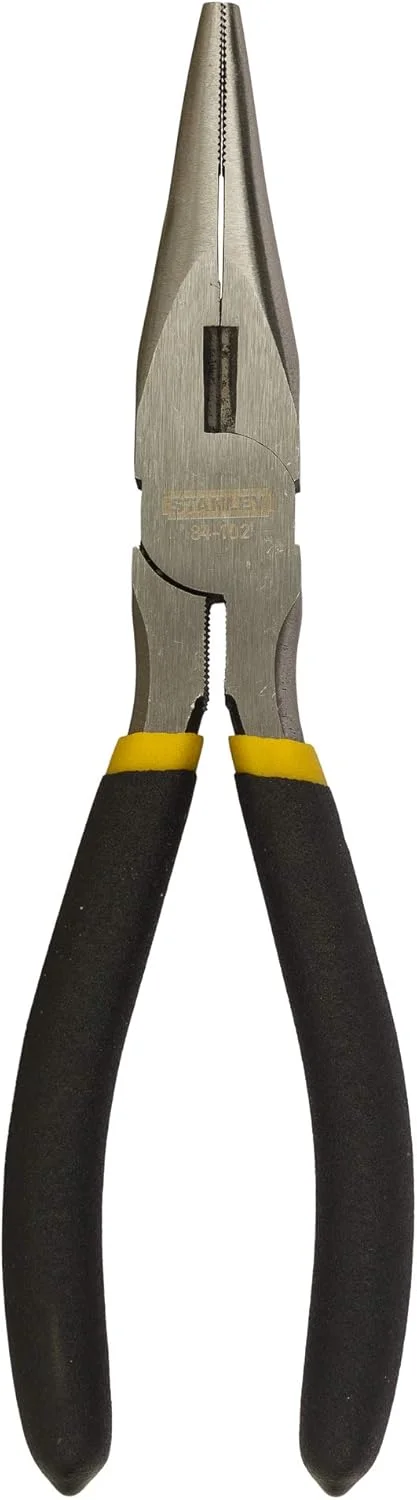 انبر دم باریک 203 میلی‌متری استنلی مدل 84-102، طراحی اتصال ثابت مناسب برای خم کردن، چرخاندن و برش، ساخته شده از فولاد آهنگری شده، دسته روکش شده مقاوم در برابر روغن برای راحتی در دست، مطابق با مشخصات ANSI