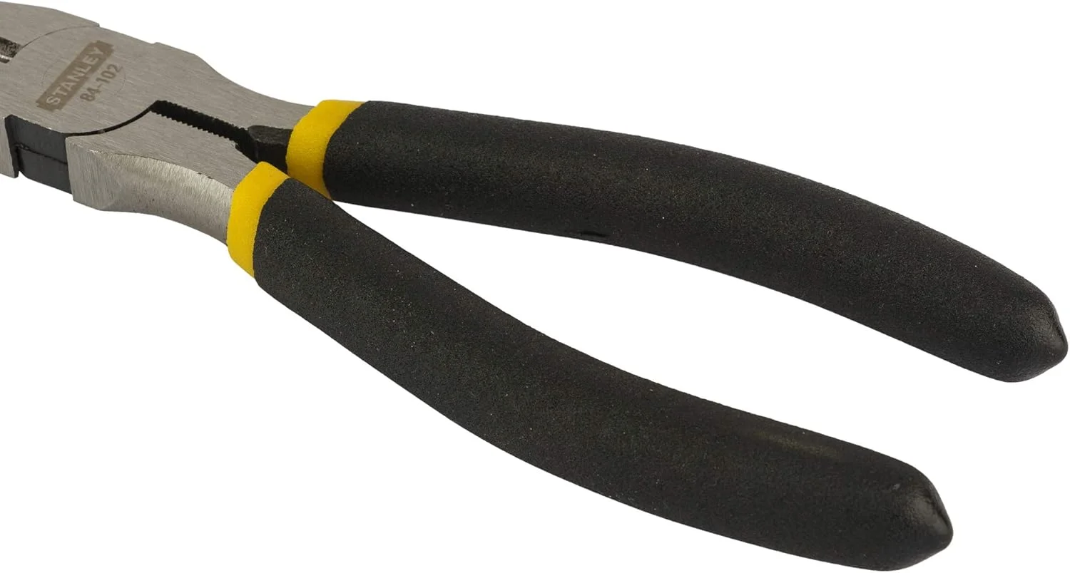 انبر دم باریک 203 میلی‌متری استنلی مدل 84-102، طراحی اتصال ثابت مناسب برای خم کردن، چرخاندن و برش، ساخته شده از فولاد آهنگری شده، دسته روکش شده مقاوم در برابر روغن برای راحتی در دست، مطابق با مشخصات ANSI