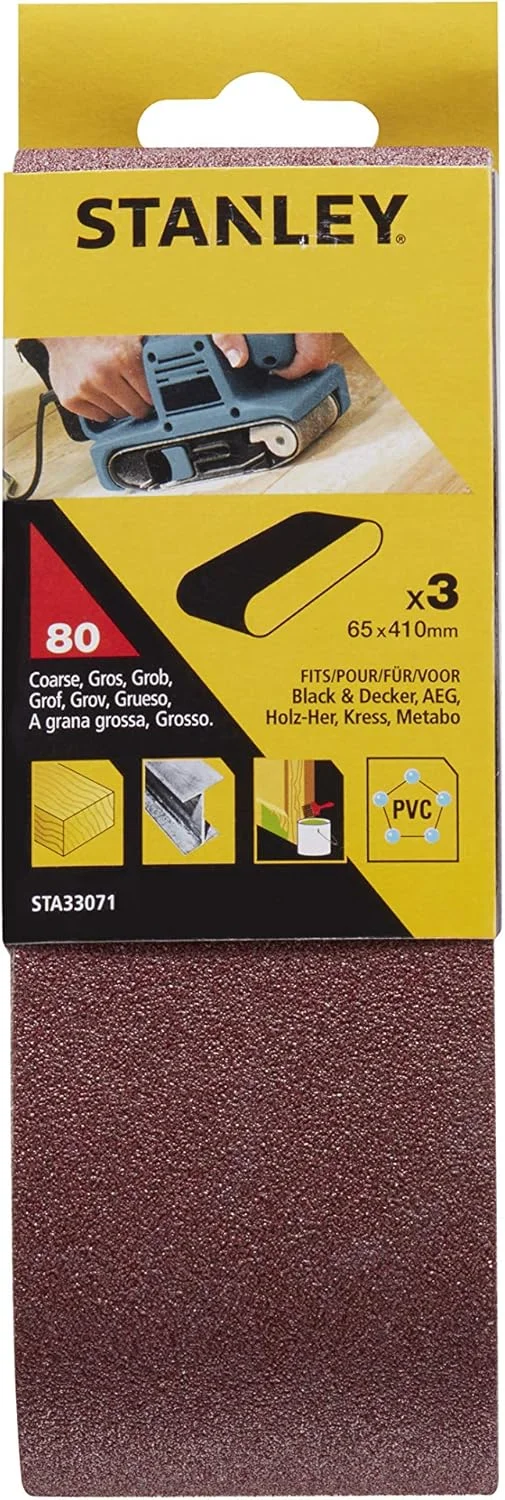 سنباده نواری استنلی STA33071-XJ، سه عدد، 65x410 میلی‌متر، زبری 80