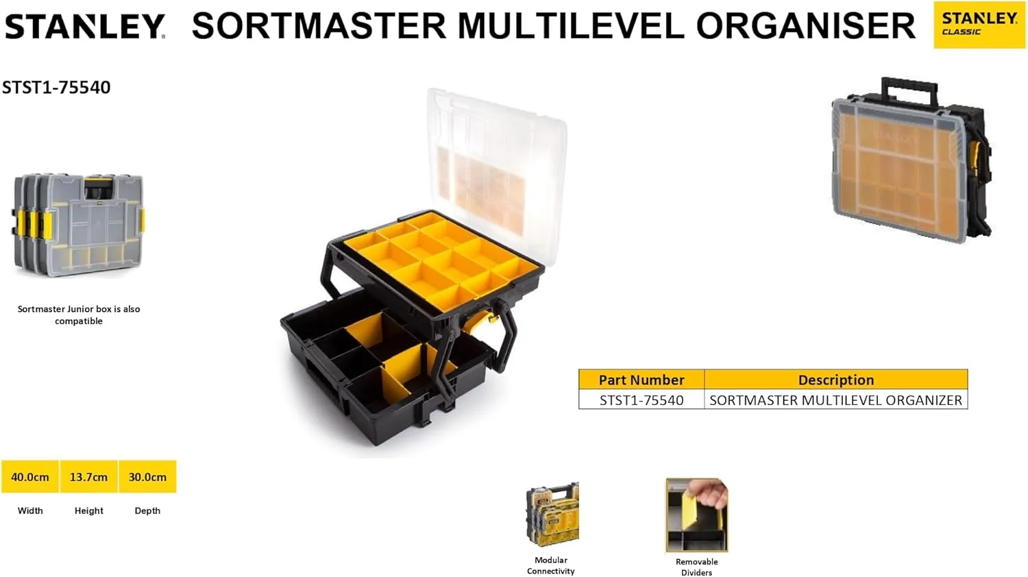 جعبه ابزار چند طبقه استنلی مدل Sort master STST1-75540، مشکی/شفاف