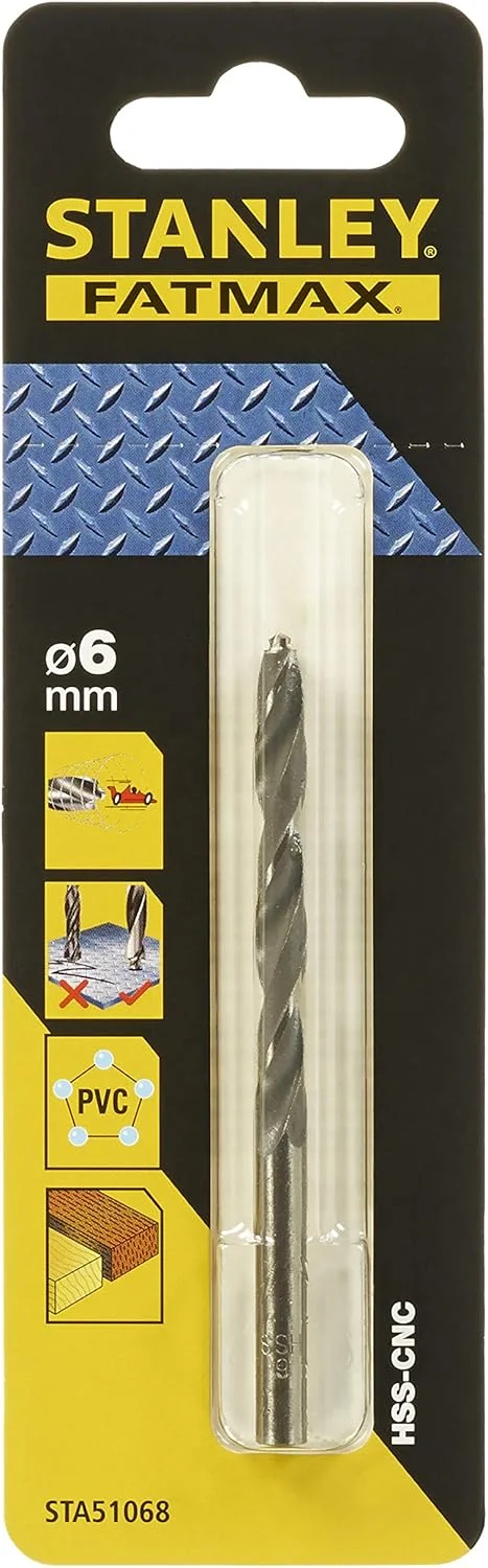 مته فلز استنلی FatMax HSS-CNC با نوک تیز، مناسب چوب/PVC، قطر سوراخکاری 6 میلی‌متر، طول کلی 93 میلی‌متر، بسته‌ 1 عددی، مشکی/زرد