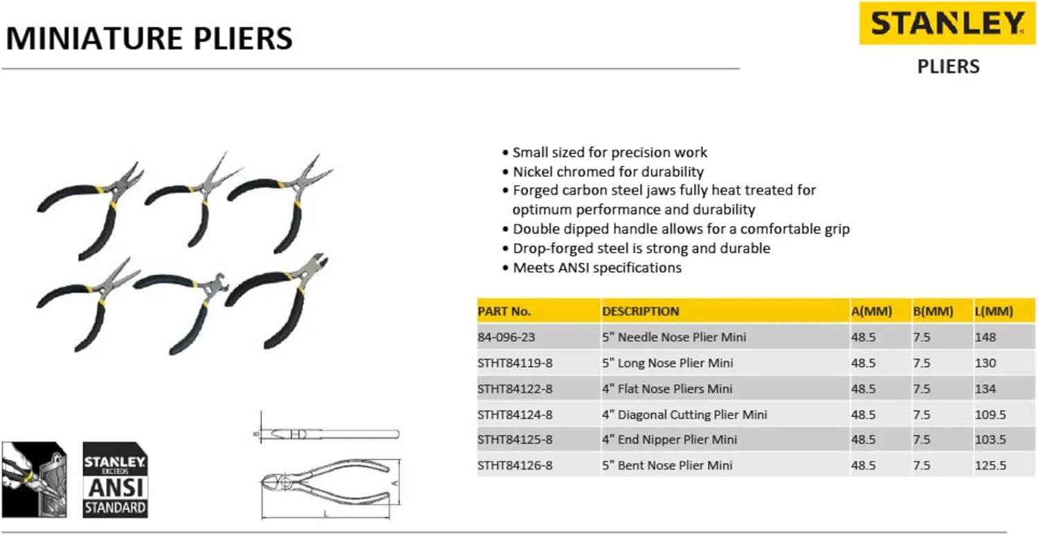 انبر مینیاتوری سیم چین سر پهن 101 میلی متری استنلی مدل 8412523 انبر مینیاتوری سیم چین سر پهن 101 میلی متری استنلی مدل 8412523