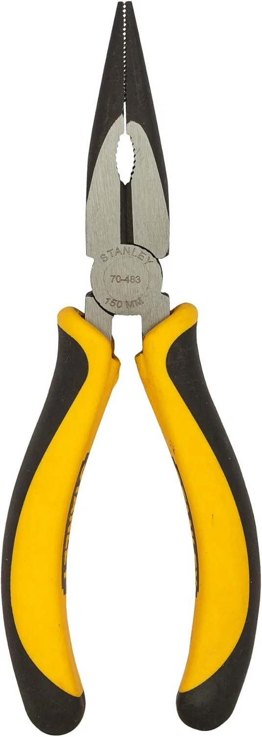 انبر دم باریک 6 اینچی استنلی مدل 70-483، روکش دو رنگ فولادی مقاوم، دسته Dynagrip با طراحی ارگونومیک و محافظ انگشت، فک های فولادی کربنی آهنگری شده با عملیات حرارتی کامل، مناسب برای برش سیم های نازک